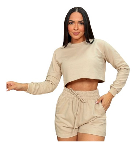 Conjunto Blusa Cropped E Short Feminino Moletom Inverno