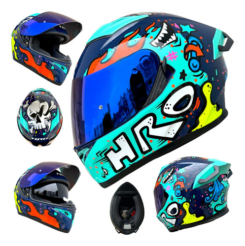 Casco Moto Azul Turquesa Brillante Hro Funner Certificado Do