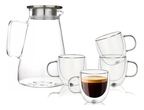 Set Jarra Con Tapa 1.8 L Y 6 Tazas Doble Pared Borosilicato 