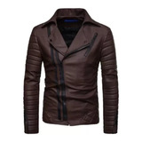 Chaqueta De Cuero Para Hombre, Motociclista, Cuello Alto