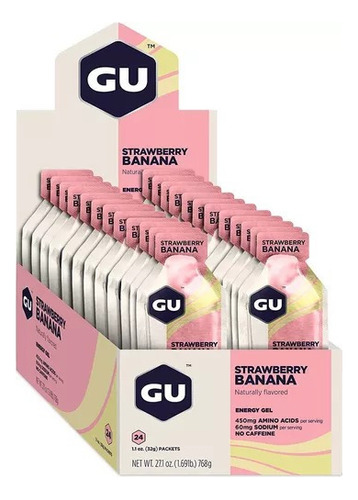 Caja De 12 Geles Gu Strawberry Banana Gel Energético Sabor Platano Frutilla