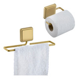 Kit Toalheiro Porta Papel Higiênico Banheiro Adesivo Dourado