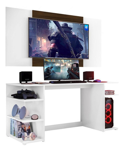 Mesa Gamer Escriv Com Painel Tv 55  Guilda Multimóveis V3589 Cor Branco/madeirado