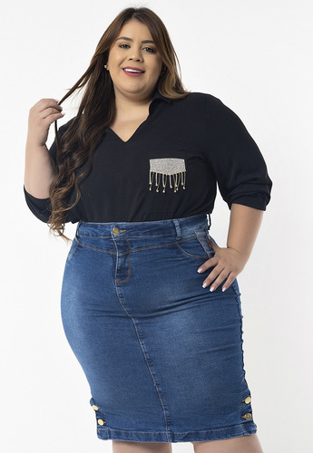 Saia Jeans Detalhe Avesso Plus Size Moda Evangélica Ref.211