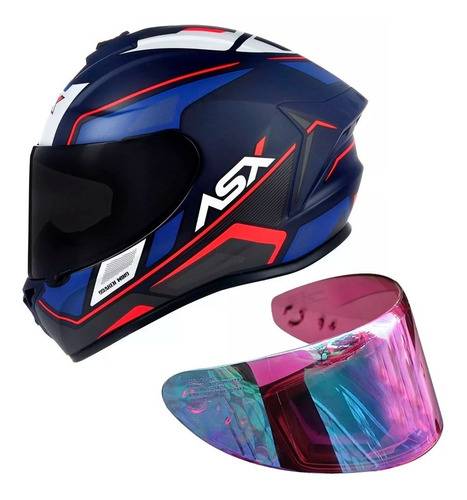 Capacete Asx Draken Wind Azul Verm Fosco + Viseira Rosa Pink