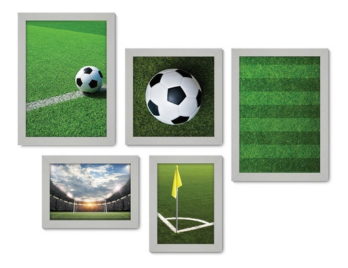 Kit Com 5 Quadros Decorativos - Futebol Juvenil Quarto 162 Cor Moldura Branca