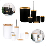 Conjunto Casa Banheiro Lixeira Saboneteira Kit 6 Peças Bambu