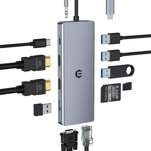 Concentrador Usb C De Triple Pantalla Con 2 Hdmi, Vga, 100 W