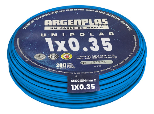 Cable Unipolar 0,35mm2 Pvc Celeste Argenplas Unip 0,35