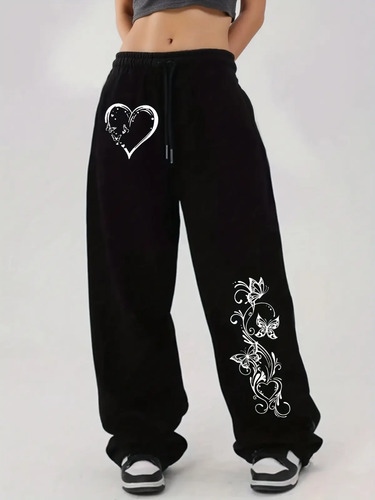 Pantalón Recto Negro Con Mariposas Blancas Estampadas