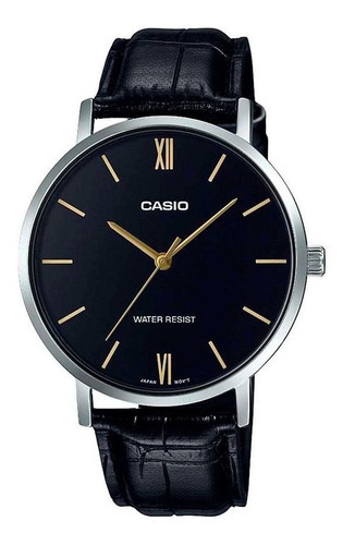 Reloj De Pulsera Casio Reloj Ltp-vt01l-1budf De Cuerpo Color Dorado, Analógico, Para Mujer, Fondo Negro, Con Correa De Cuero Geniuno Color, Bisel Color Negro