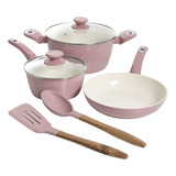 Bateria De Cocina 7 Piezas Antiadherente Utensilios Calidad Color Rosa