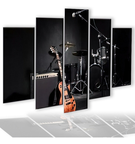 Quadros Decorativo Guitarra E Bateria Rock Mosaico 5 Pçs Hd Cor . Cor Da Armação Borda Infinita