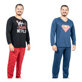 Kit 2 Pijamas Masculino Longo Inverno Desenho Super Herói