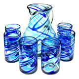 Set Jarra Pera 6 Vasos Agua Hilo Jalado Bicolor - Artesanal