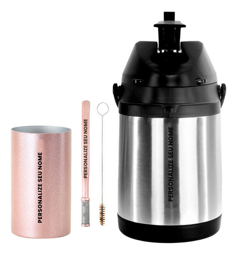 Kit Tereré Copo Bomba Rosa Garrafa Termica Inox - Seu Nome