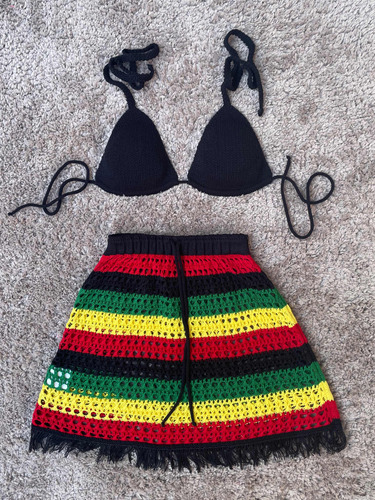 Conjunto Saia E Cropped De Crochê Tricot Saída De Praia