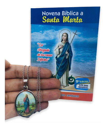 Medalla De Santa Marta En Acero Con Cadena + Novena Bíblica