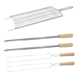 Kit Grelha 2un Espetos Duplo E 2un Simples Inox Churrasco