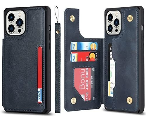 Funda Para iPhone 13 Pro Billetera Con Correa Cuero Azul