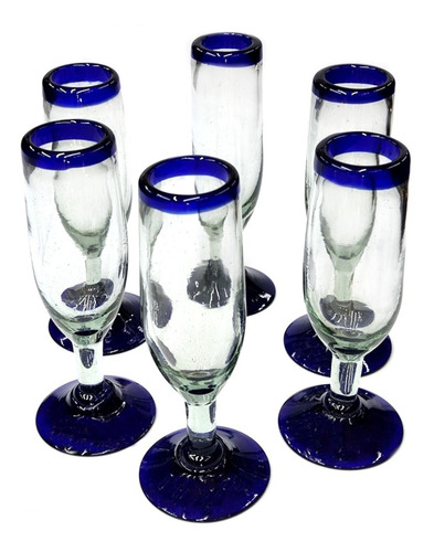 Copa Flautas Champagne Vidrio Artesanal Set 6pzs Cobalto