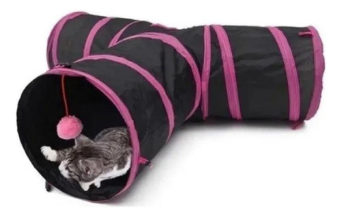 Túnel Pet Gato Formato T Dobrável Nylon 3 Saídas Rosa Preto