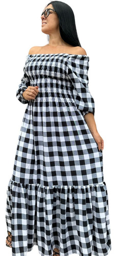 Xadrez Vestido Longo Com Manga Plus Size  