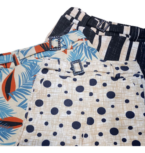 Kit 3 Short Bermuda Feminina Estampada Com Fivela Pedraria