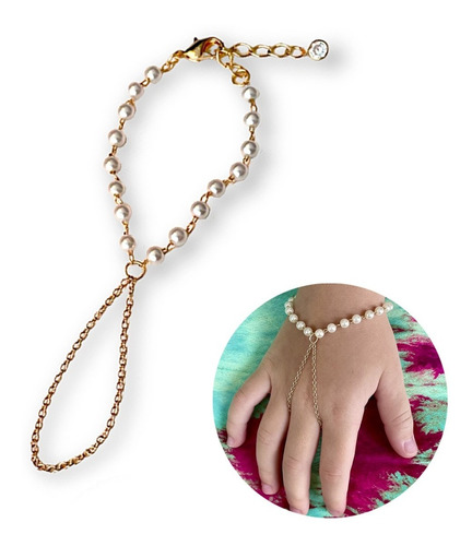 Pulseira Infantil Indiana Anel Menina De Perolas Ouro 18k