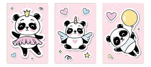 Kit 3 Quadros Decorativos Pandas Infantil Quarto Menina 0181