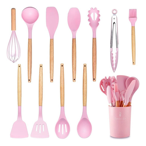 Juego Utensillos De Cocina 11 P C/ Soporte Madera Y Silicona