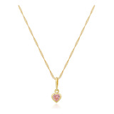 Pingente Coração Mini Rosa+ Corrente Singapura 40cm Ouro 18k