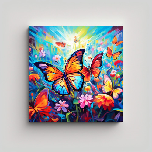 70x70cm Cuadro De Tela Sublimada Con Mariposas Neón Flores