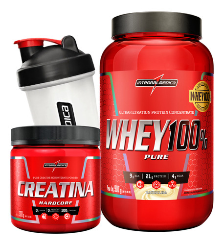 Combo Whey 100% Pure 900g Pote Creatina 300g Integral Médica