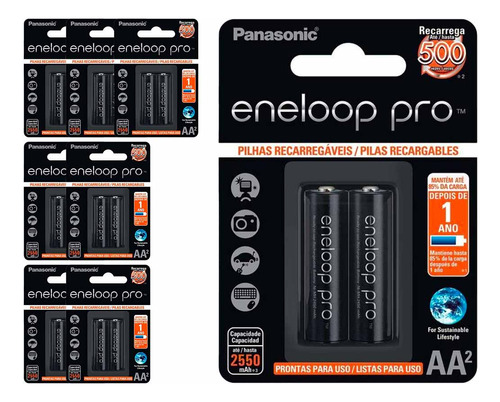 16 Pilhas Recarregaveis Eneloop Pro Aa Panasonic (8 Cart)