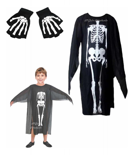 Capa Disfraz + Guantes Esqueleto Halloween Cosplay La Muerte