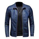 Chamarra Vini Piel Slim Fit Moda Hombre Tipo Biker Azul Sl8