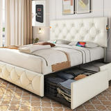 Cama Tapizada Queen Con 2 Usb/4 Cajones/ Cabecera Ajustable.