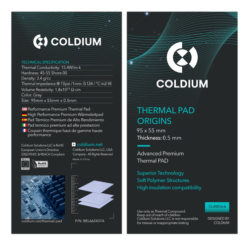 Pad Térmico Coldium Origins 95x55x0.5mm Original Oc 15.4w/mk