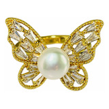 Anillo Mariposa Perla Blanca Akoya Natural 8mm Topacios Blan