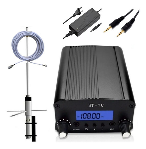 Transmissor Pra Rádio Fm 7w Kit Com Antena Plano Terra  