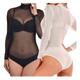 Kit 2 Body 1 Preto 1 Branco Transparente Manga Longa Tule