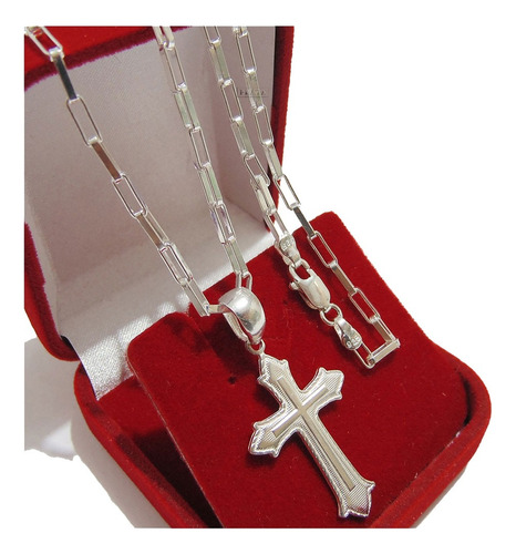 Corrente Masculina De Prata Cadeado Pingente Crucifixo Cruz