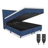 Colchão Magnético King 1,93x2,03 Hr Premium Massageador 2 Controles Energia Bio Quantica + Cama Box Bau + Cabeceira Cor Azul