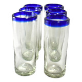 Set 6 Vasos Jaibolero Highball Vidrio Soplado Artesania Azul