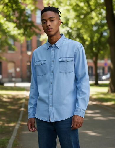 Camisa Informal De Mezclilla De Manga Larga Para Hombre