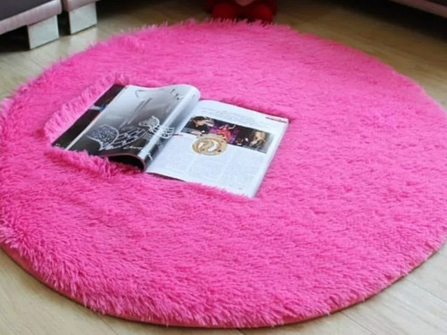 Alfombra Redonda Peluda Tipo Shaggy 150x150 Color Fucsia.