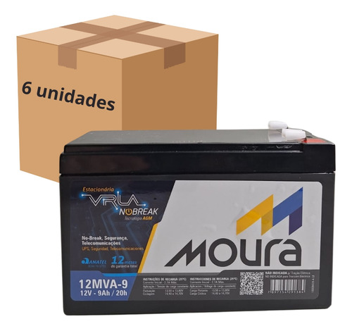 Kit 6 Bateria Estacionária 12v 9ah Nobreak Alarme Moura