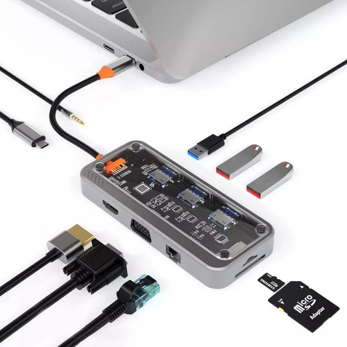 Hub Tipo C 10 En 1 Shiiri | Usb3.0-sd-hdmi-rj45-audio3.5-vga