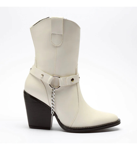 Botas Vaqueras Dama Rodeo White Off Beige Negra Cadena Moda